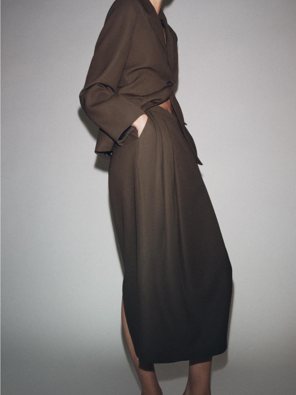 Zara Dark Brown Midi Skirt with Side Slit